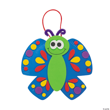 Colorful butterfly-shaped craft with a green body and blue wings on a transparent background