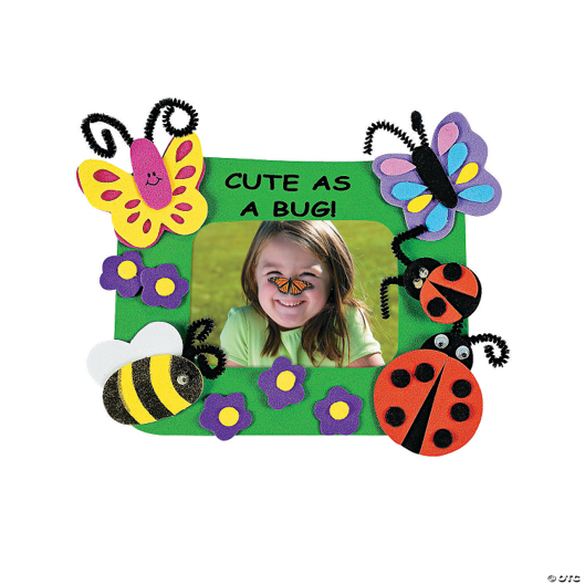 Children's craft picture frame with butterfly, ladybug, and bee decorations on a white background.