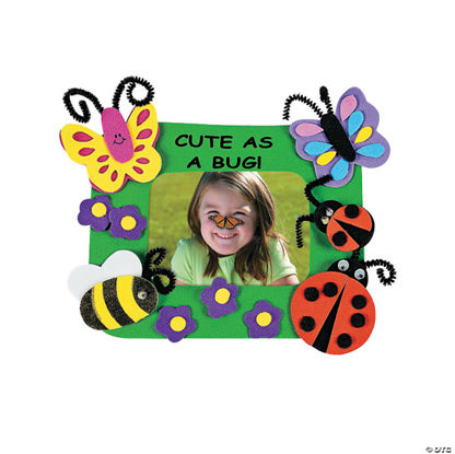 Children's craft picture frame with butterfly, ladybug, and bee decorations on a white background.