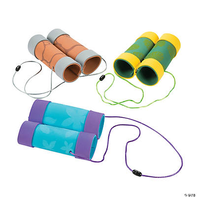 Three sets of foam binoculars in different colors on a white background