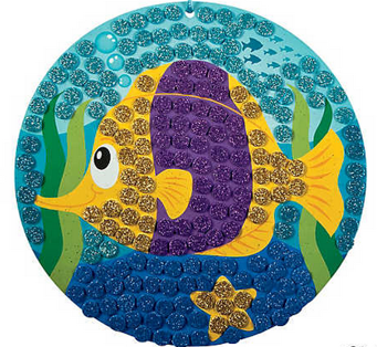 Decorative fish mosaic with purple and yellow colors on a blue background