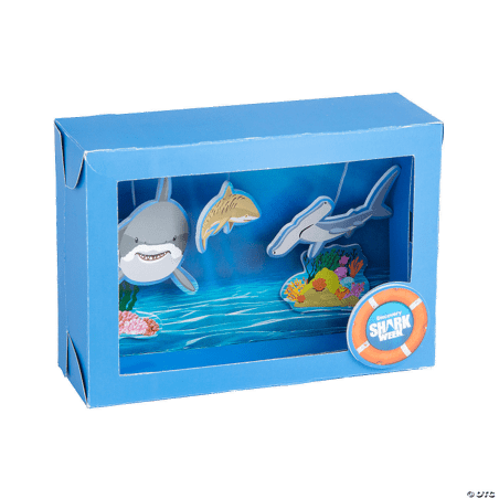 Blue craft box with shark figurines on a transparent background