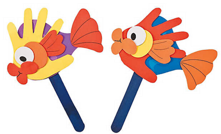 Two colorful fish-shaped crafts on sticks with a white background