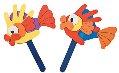 Two colorful fish-shaped crafts on sticks with a white background