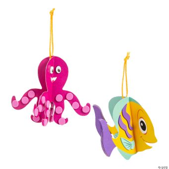 Pink octopus and colorful fish hanging decorations on a white background