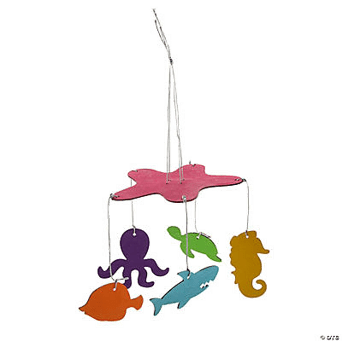 Colorful animal-shaped mobile hanging from a string on a transparent background