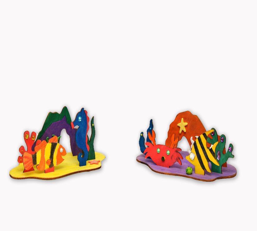 Colorful 3D wooden scene with sea creatures on a white background
