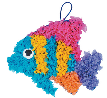 Colorful fish-shaped craft made with colorful tissue paper on a white background