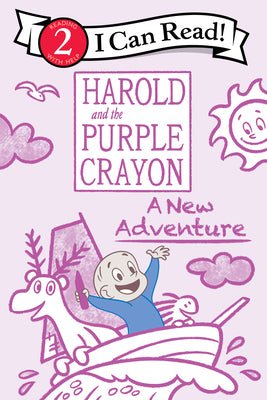 Book cover of 'Harold and the Purple Crayon: A New Adventure' with a child and moose illustration on a pink background.