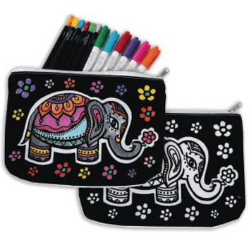 Elephant design pouch with markers on a transparent background