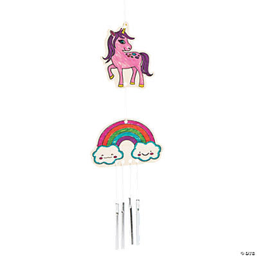 Decorative wind chime with pink unicorn and rainbow design on a white background