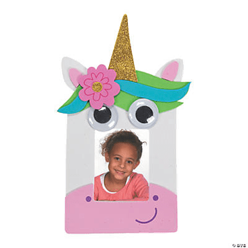 Unicorn-shaped photo frame with a child's picture inside on a transparent background