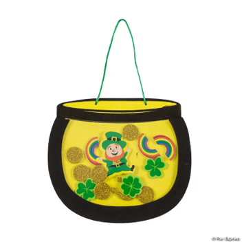 Decorative pot with leprechaun, rainbow, and clover design on a yellow background.