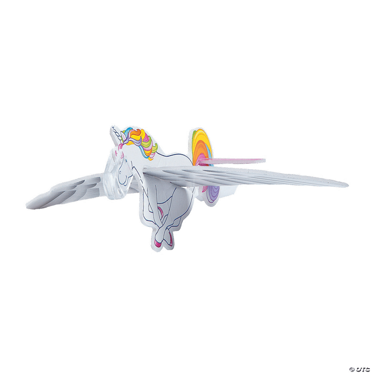 Unicorn-shaped glider with rainbow colors on a white background