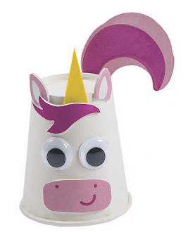 Unicorn-themed paper cup with a yellow horn and pink mane on a white background