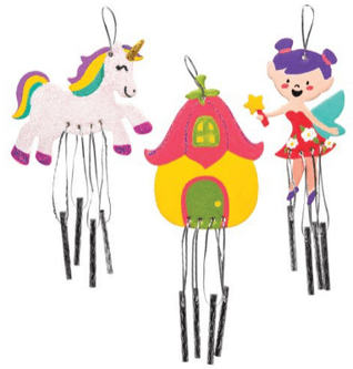 Colorful fairy, unicorn, and house-shaped windchimes  against a white background.