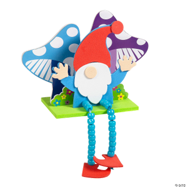 Colorful gnome craft with blue pants and red hat on a white background