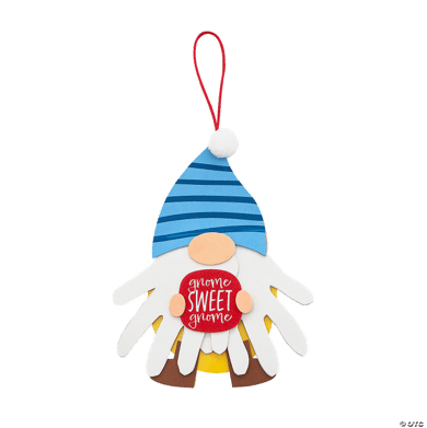 Decorative gnome craft with blue hat and red 'sweet gnome' sign on a clear background