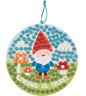 Decorative sign with a gnome and text 'Spring is here!' on a white background