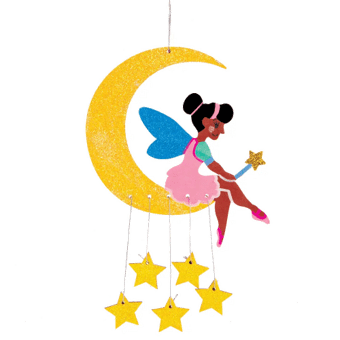 Fairy sitting on a crescent moon with stars around, on a transparent background