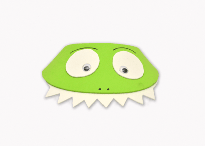 Green visor with white eyes and a mouth on a white background