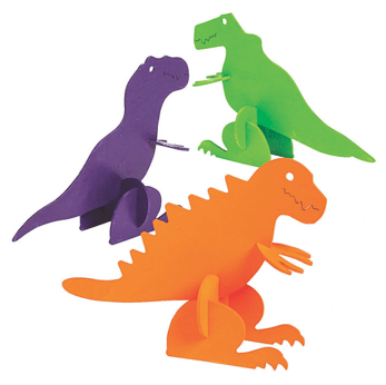Three colorful dinosaur wooden crafts on a white background