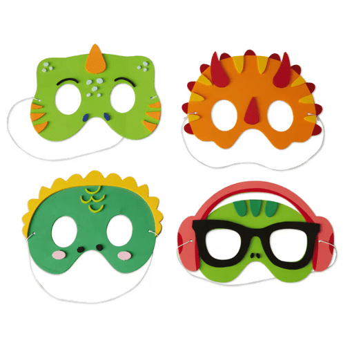Four colorful dinosaur masks on a transparent background