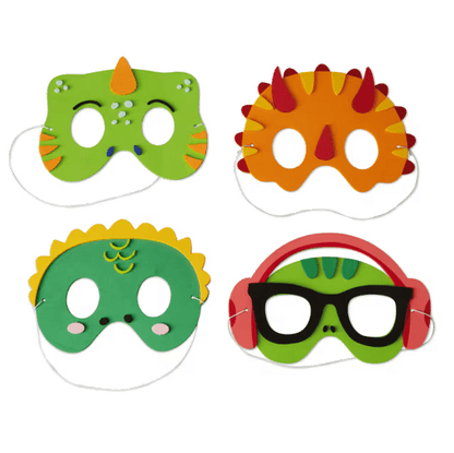 Four colorful dinosaur masks on a transparent background