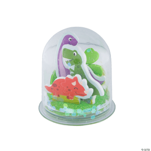 Dinosaur-themed snow globe with two cartoon dinosaurs inside a transparent dome on a white background.