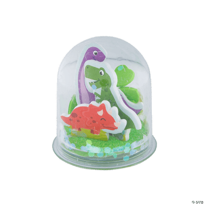 Dinosaur-themed snow globe with two cartoon dinosaurs inside a transparent dome on a white background.