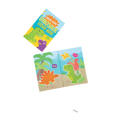 Colorful dinosaur-themed sticker book on a white background