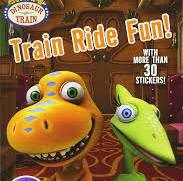 Children's book cover with two cartoon dinosaurs and text 'Train Ride Fun!' on a dark background.