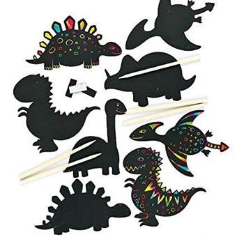 Set of colorful dinosaur scratch art crafts on a white background