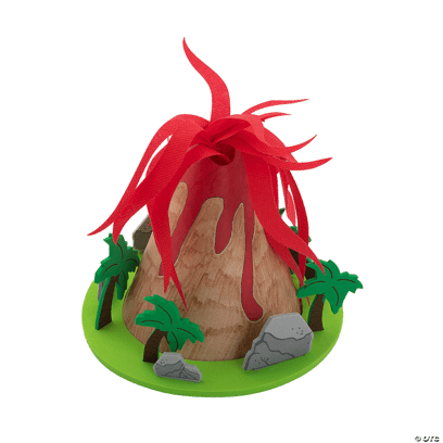 Volcano craft with red streamers for lava  on a green base with trees and rocks on a transparent background