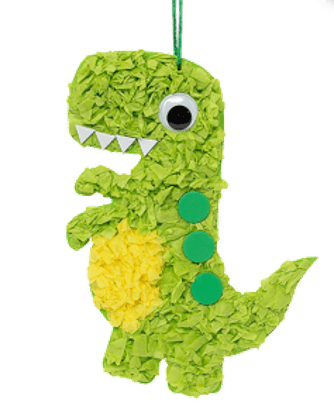 Green dinosaur-shaped craft made with green tissue paper with yellow belly on a clear background