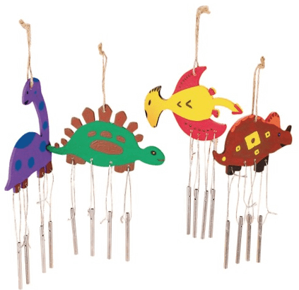 Colorful dinosaur-shaped wind chimes on a white background