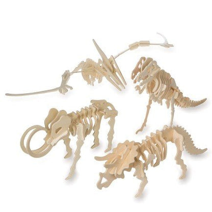 Set of wooden dinosaur skeletons on a white background