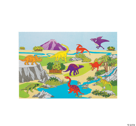 Colorful illustration of dinosaurs in a prehistoric landscape with mountains, plants, and water.