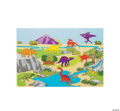 Colorful illustration of dinosaurs in a prehistoric landscape with mountains, plants, and water.