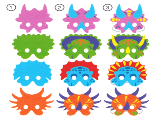 Colorful dinosaur masks arranged in a 3x3 grid on a white background.