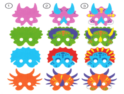 Colorful dinosaur masks arranged in a 3x3 grid on a white background.