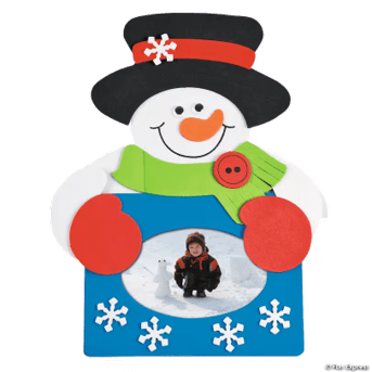 Decorative snowman picture frame with a small child face, on a transparent background.