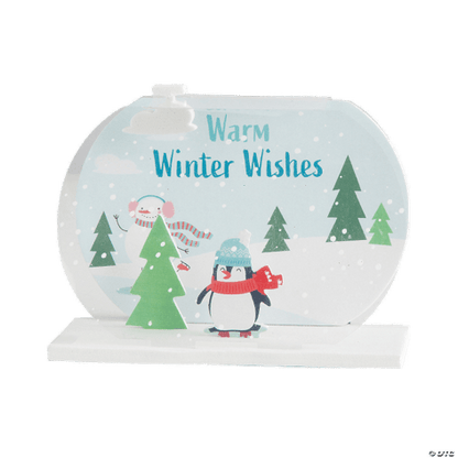 Decorative snow scene with penguins and trees, featuring 'Warm Winter Wishes' text.