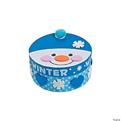 Snowman-themed trinket box with blue lid and white face on a white background
