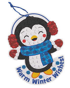 Penguin craft with 'Warm Winter Wishes!' text on a white background