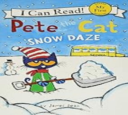 Book cover of 'Pete the Cat Snow Daze' featuring a cat character shoveling snow.