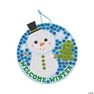 Decorative snowman mosaic with 'Welcome Winter' text on a white background