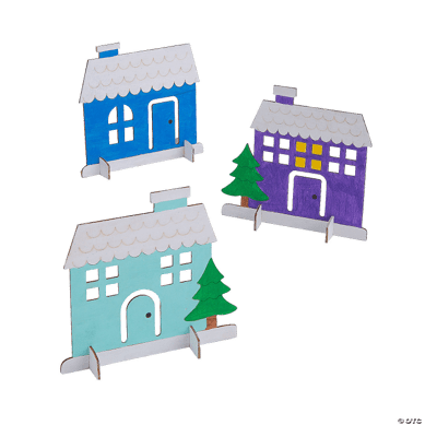 Three colorful wooden houses with green trees on a transparent background