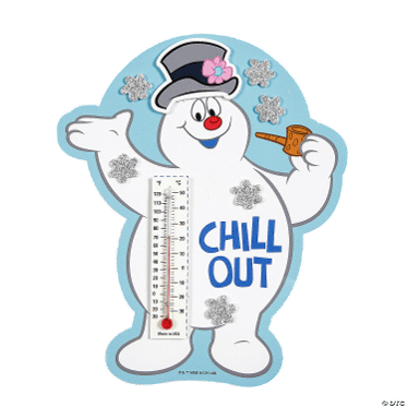 Frosty the Snowman with a thermometer displaying 'Chill Out' text on a clear background