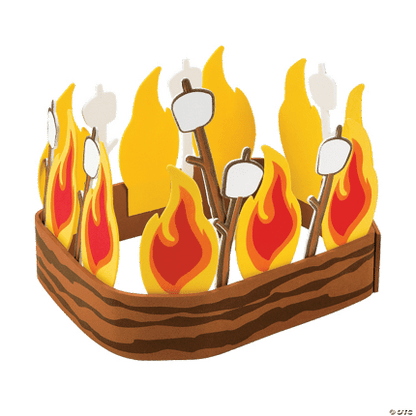 Illustration of marshmallows on sticks over flames in a roasting headband